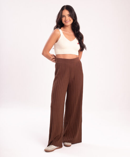 Calça Tricot Plissada Marrom