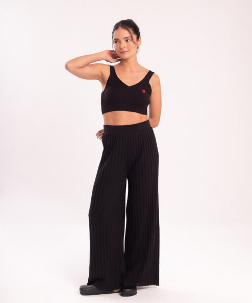 Calça Tricot Plissada Preta